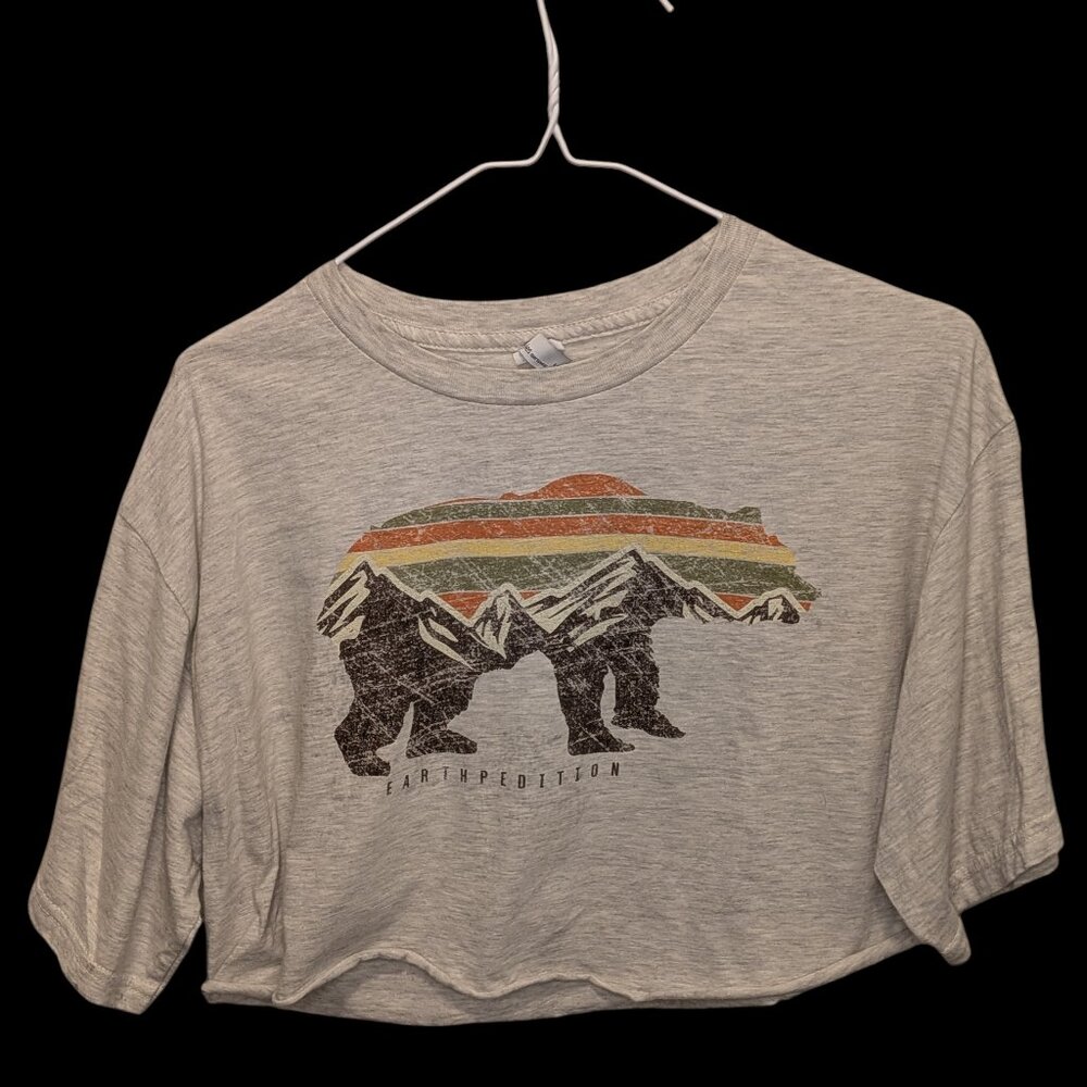 Techstyles Sportswear Women's Crop T-shirt Gray Short Sleeve Bear Design Size S